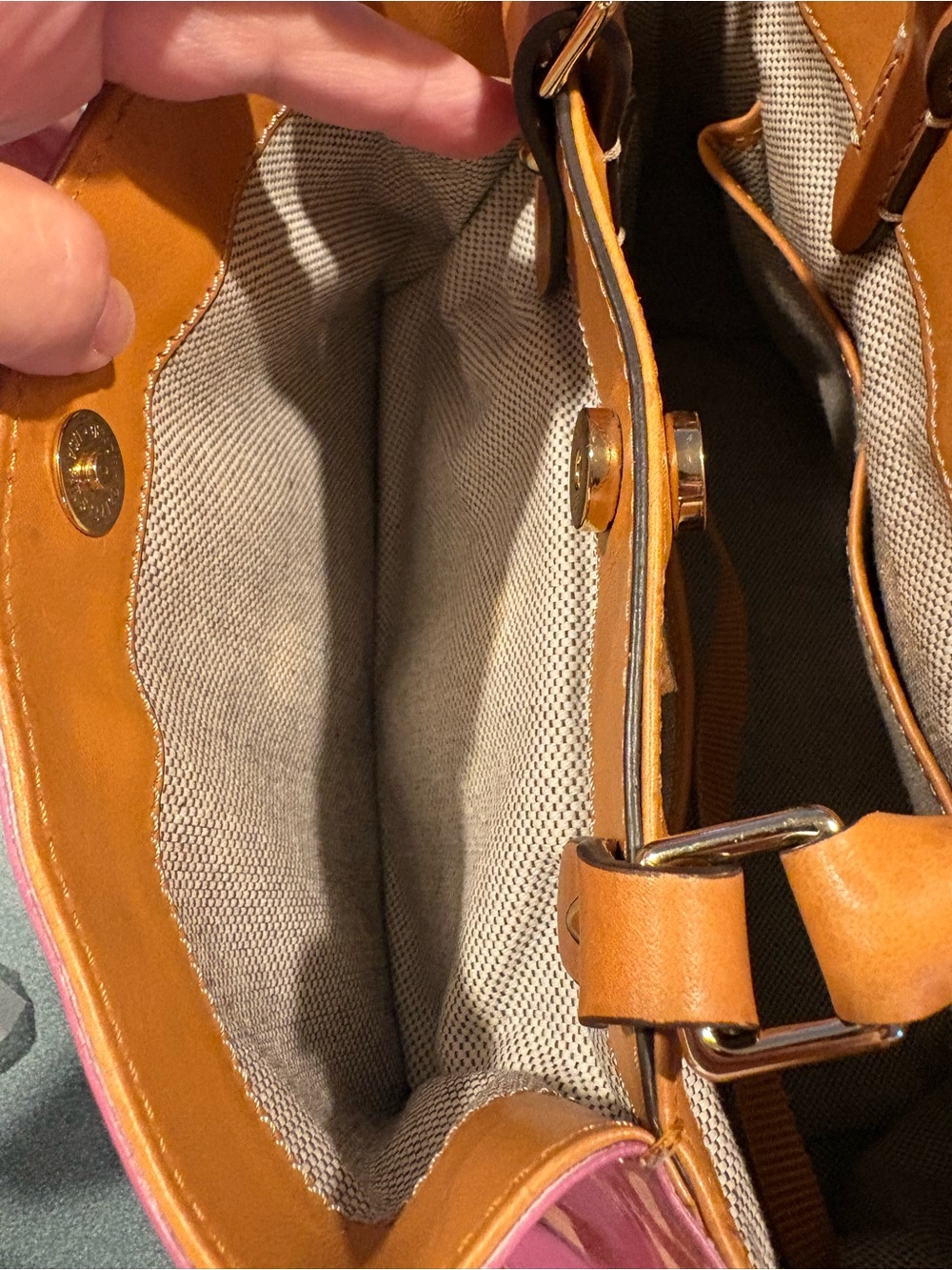 Dooney & Bourke Hot Pink Patent Satchel with Tan Trim - Picture 12 of 13